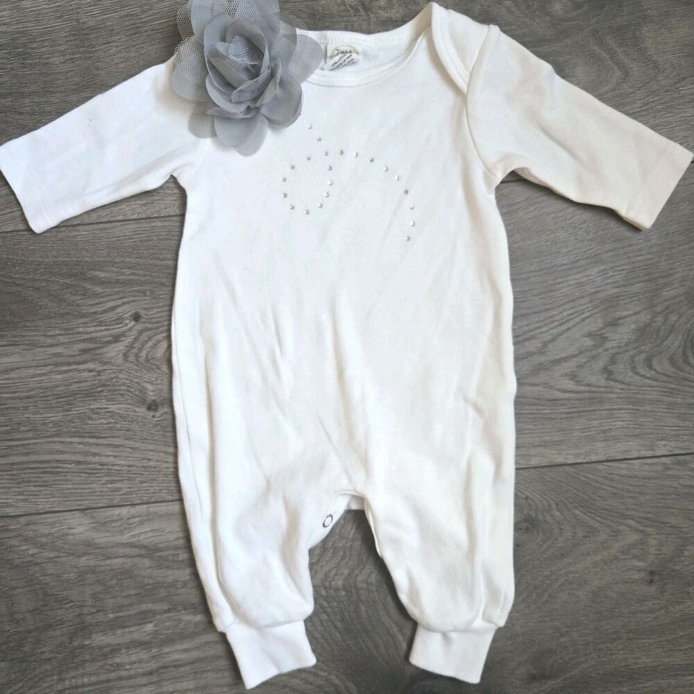 Tesa Babe Baby Girl White Romper 0-3M Rhinestone Flower Long Sleeve Jumpsuit